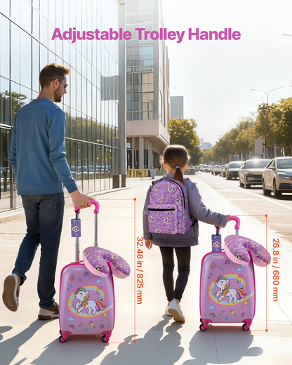Start2Finish unicorn kids luggage set with 18-inch hardside suitcase, backpack, U-shape pillow, perfect for travel and holidays.