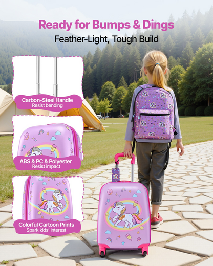 Start2Finish VEVOR kids luggage set with 18-inch unicorn hardside suitcase, rolling wheels, backpack, and U-shape pillow for children.