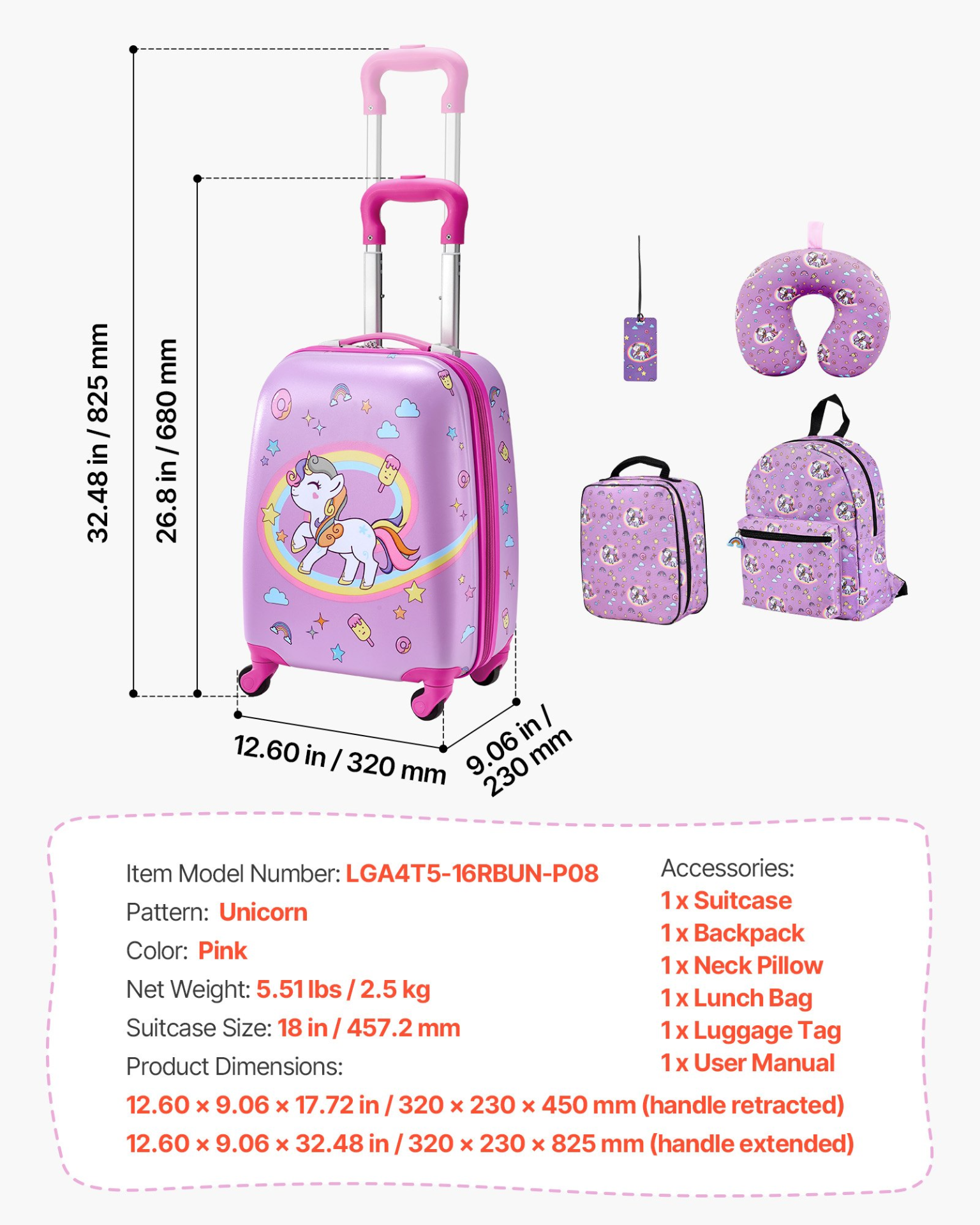 Start2Finish unicorn kids luggage set with 18-inch hardside suitcase, backpack, and U-shape pillow, ideal for travel and holidays.