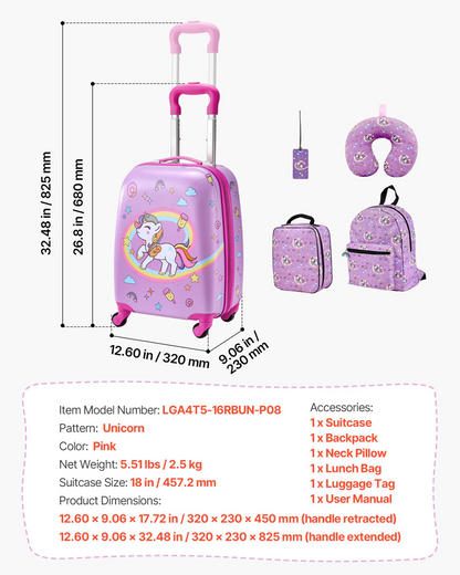 Start2Finish unicorn kids luggage set with 18-inch hardside suitcase, backpack, and U-shape pillow, ideal for travel and holidays.