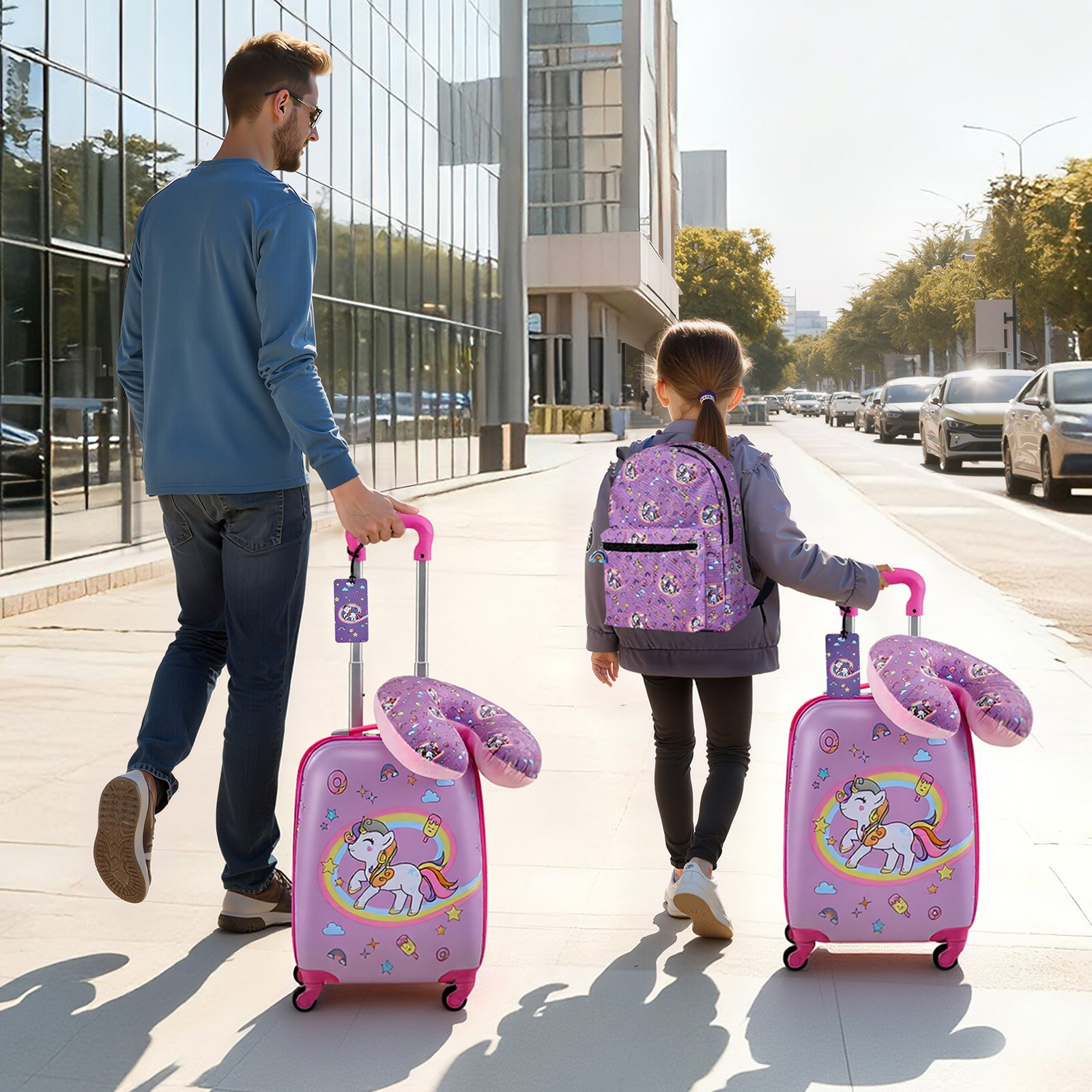 Start2Finish VEVOR kids luggage set with 18-inch unicorn hardside suitcase, backpack, U-shape pillow, suitable for travel and holidays.