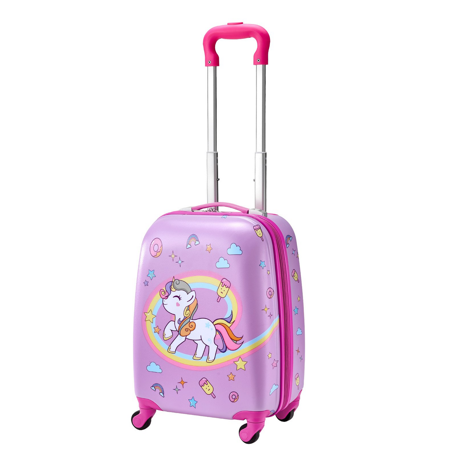 Start2Finish unicorn kids luggage set with 18-inch hardside suitcase, backpack, U-shape pillow, perfect for children’s travel and holidays.