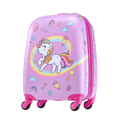 Colorful unicorn kids luggage set with 18-inch hardside suitcase, backpack, U-shape pillow, designed for children’s travel and holidays.