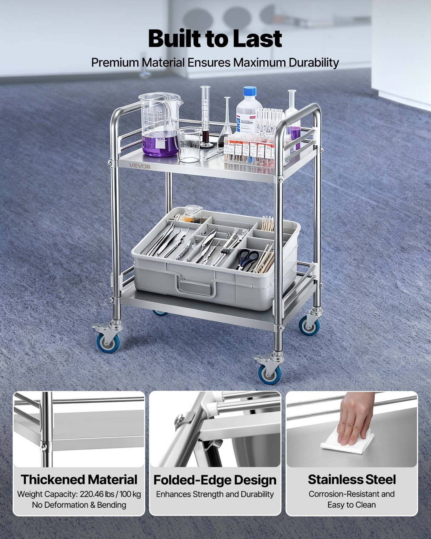 Start2Finish stainless steel 2-tier rolling cart with lockable wheels, ideal for medical, restaurant, or salon service and storage