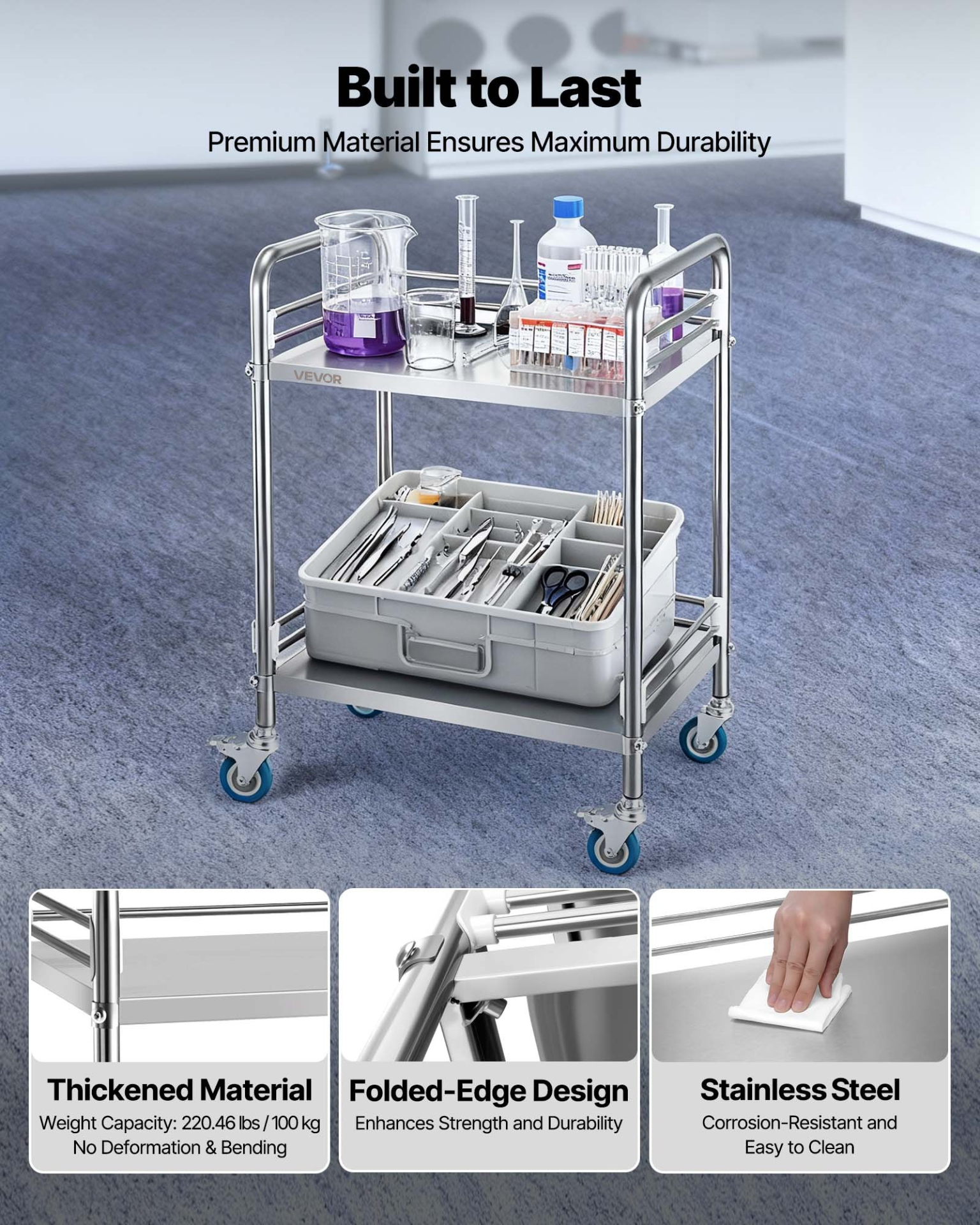 Start2Finish stainless steel 2-tier rolling cart with lockable wheels, ideal for medical, restaurant, or salon service and storage