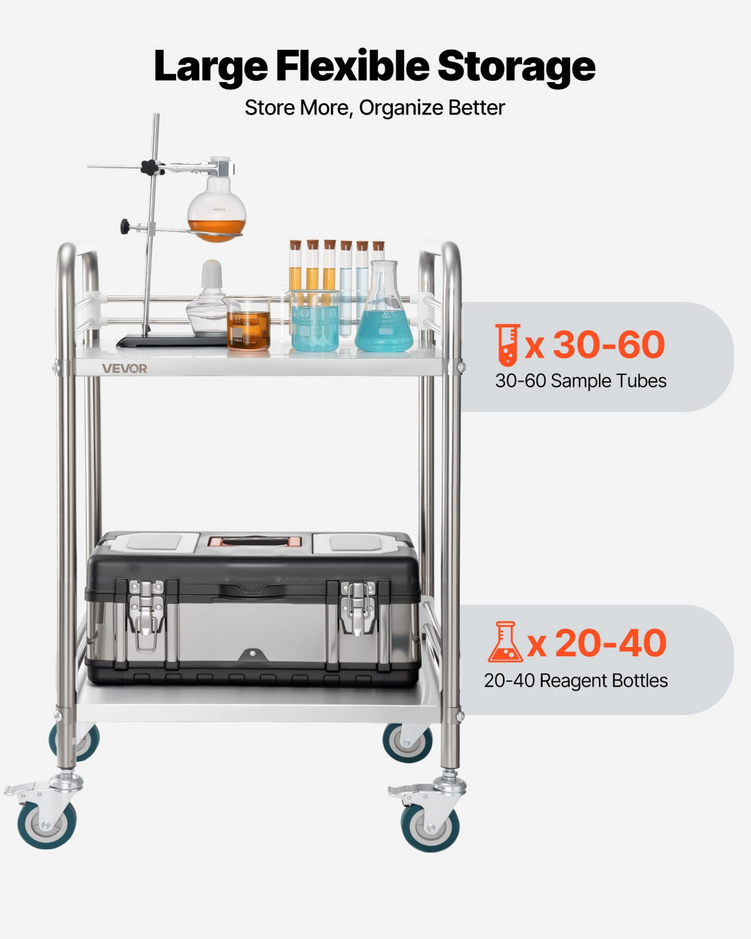 Start2Finish stainless steel 2-tier rolling lab cart with lockable wheels, suitable for medical, restaurant, or salon service use.
