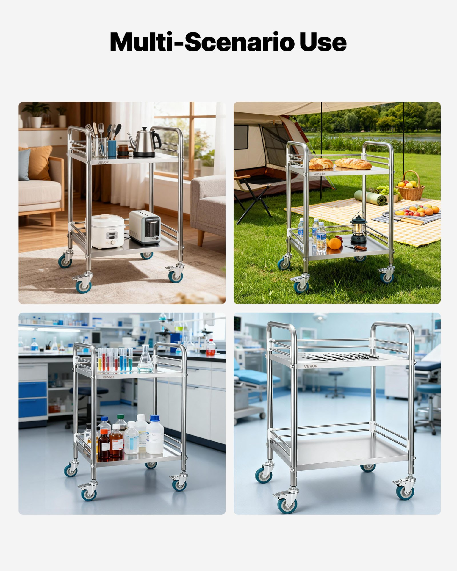 Start2Finish stainless steel 2-tier rolling lab utility cart with lockable wheels, ideal for hospital, restaurant, or salon service.