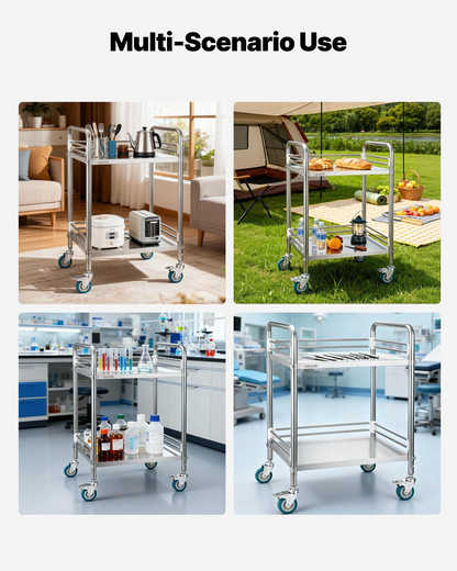 Start2Finish stainless steel 2-tier rolling lab utility cart with lockable wheels, ideal for hospital, restaurant, or salon service.
