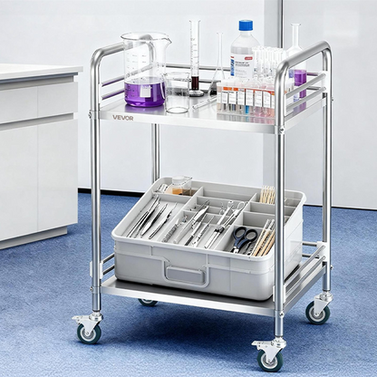 Start2Finish stainless steel 2-tier rolling lab cart with lockable wheels, ideal for medical, hospital, restaurant, or salon use.