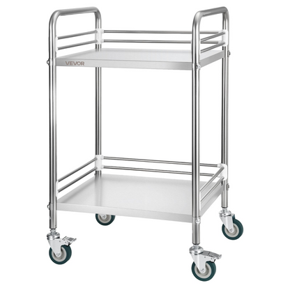 Start2Finish stainless steel 2-tier rolling lab cart with lockable wheels, ideal for hospital, restaurant, and salon service storage.