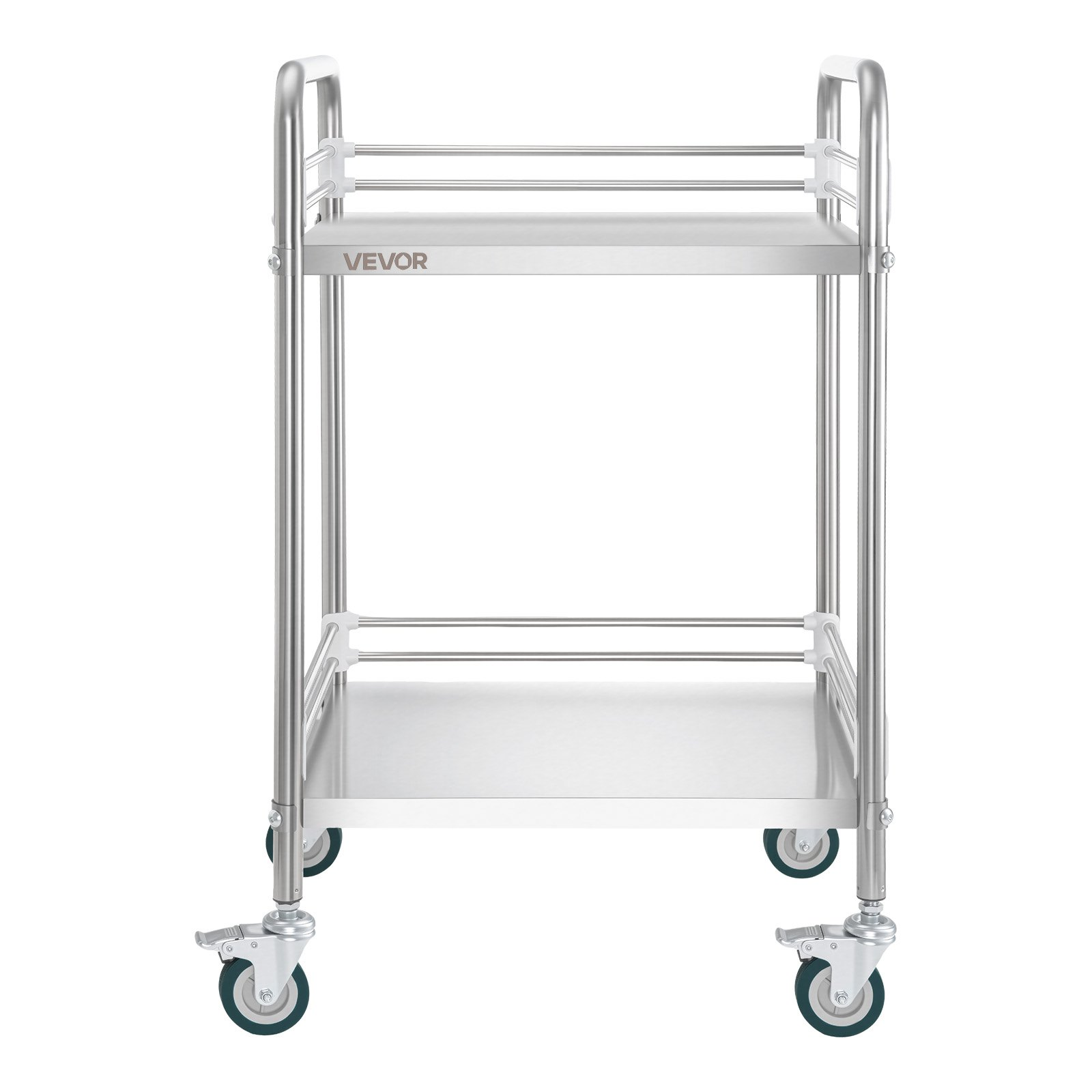 Start2Finish stainless steel 2-tier rolling lab cart with lockable wheels, ideal for medical, restaurant, or salon service use.