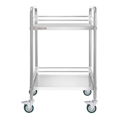 Start2Finish stainless steel 2-tier rolling lab cart with lockable wheels, ideal for medical, restaurant, or salon service use.