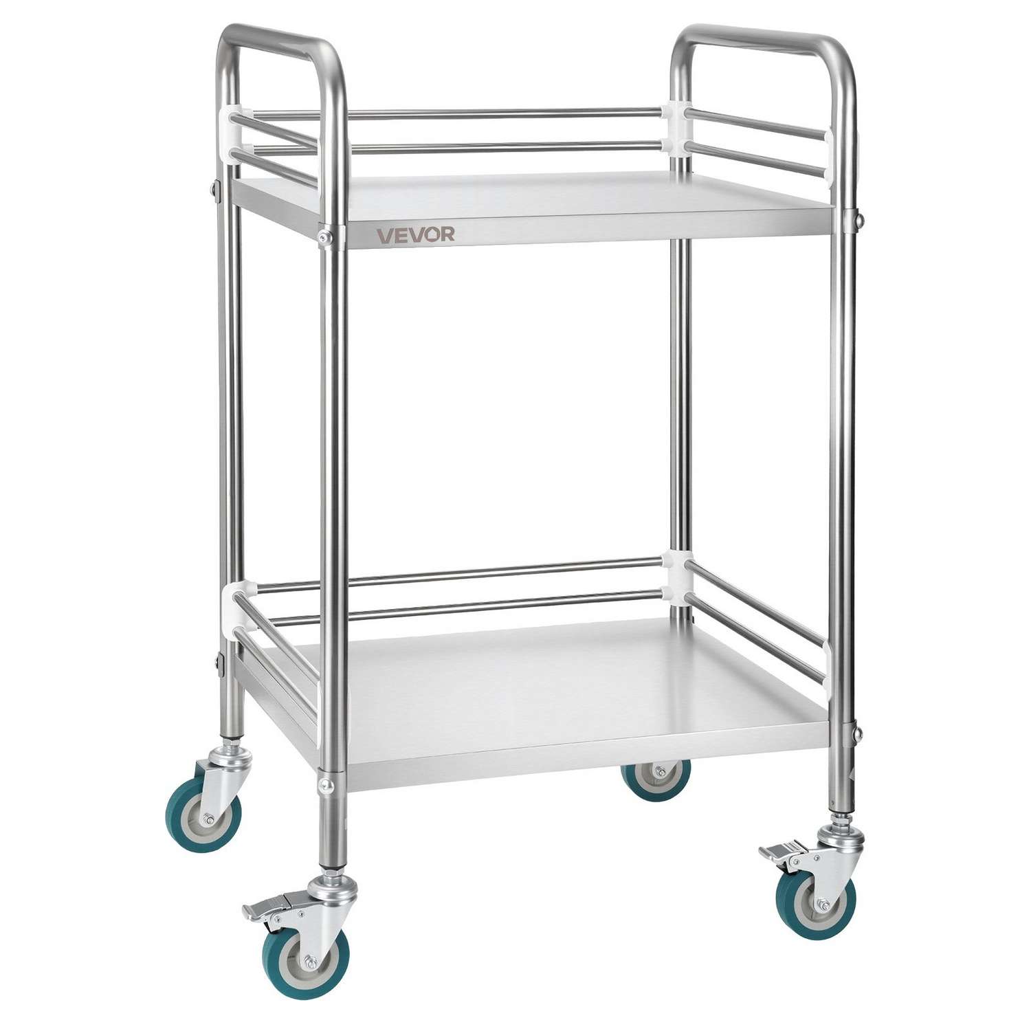 Start2Finish stainless steel 2-tier rolling lab utility cart with lockable wheels, ideal for medical, restaurant, or salon use
