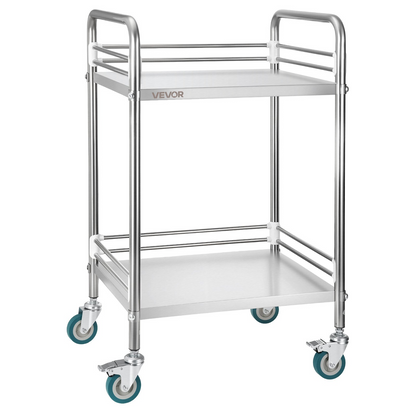 Start2Finish stainless steel 2-tier rolling lab utility cart with lockable wheels, ideal for medical, restaurant, or salon use