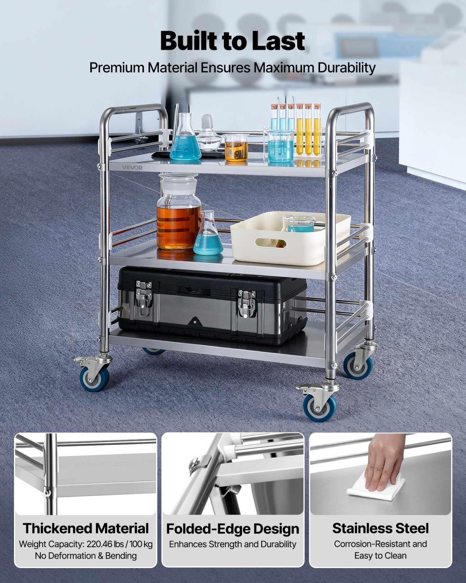 Start2Finish stainless steel 3-tier rolling lab utility cart with lockable wheels, ideal for hospital, kitchen, or salon use
