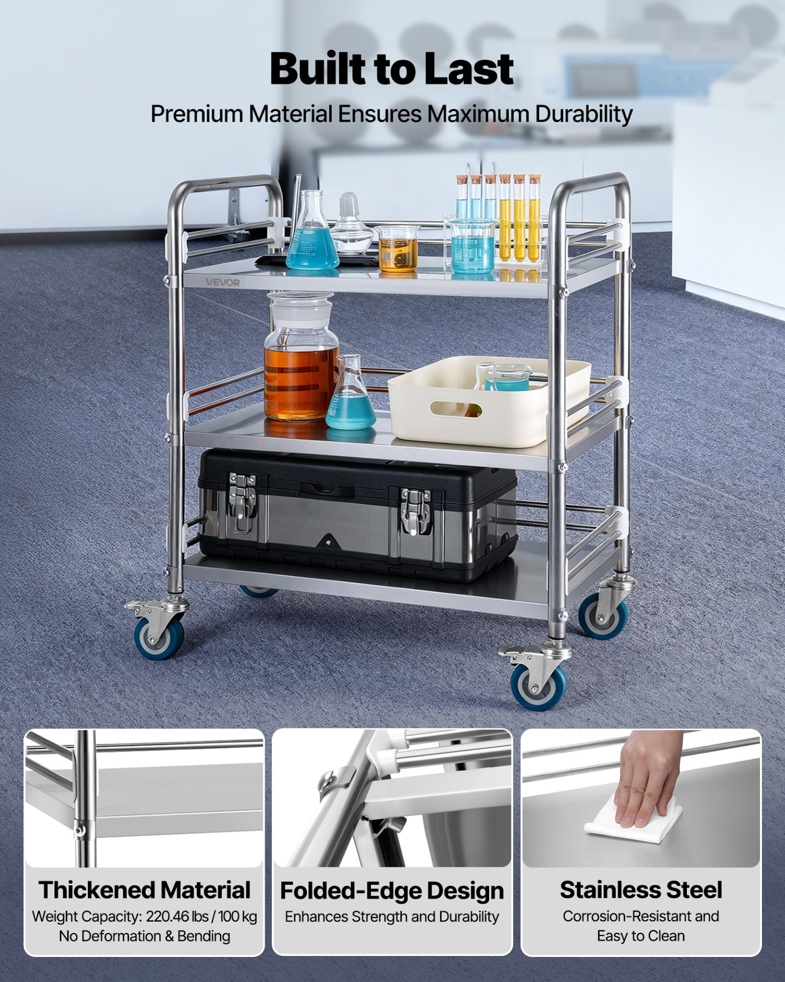 Start2Finish stainless steel 3-tier rolling lab utility cart with lockable wheels, ideal for hospital, kitchen, or salon use