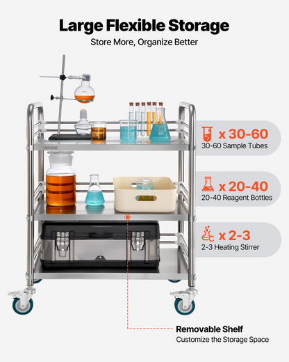 Start2Finish VEVOR stainless steel 3-tier rolling utility cart with lockable wheels, suitable for hospital, restaurant, or salon use.