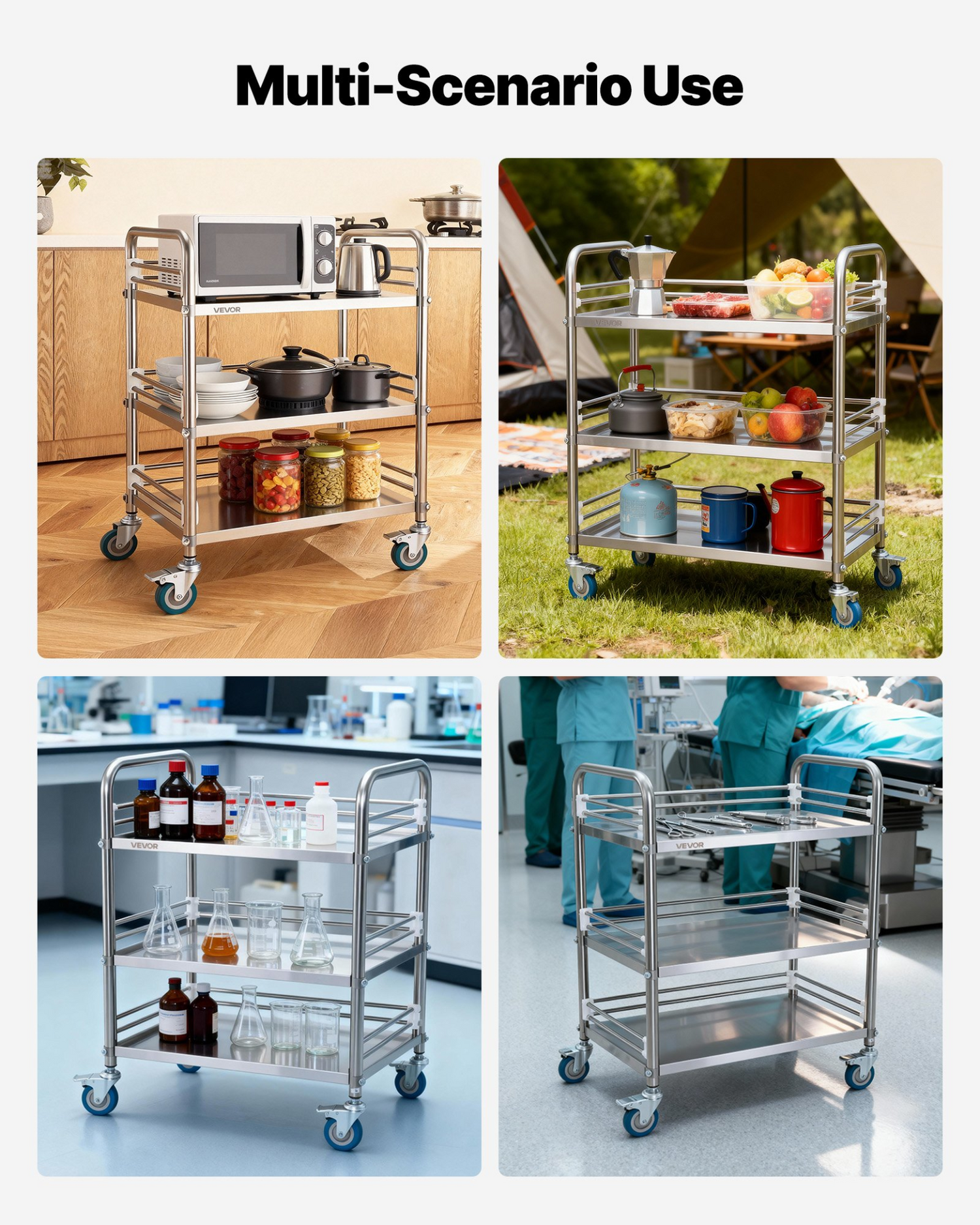 Start2Finish stainless steel 3-tier rolling lab cart with lockable wheels, ideal for hospital, clinic, restaurant, or salon use