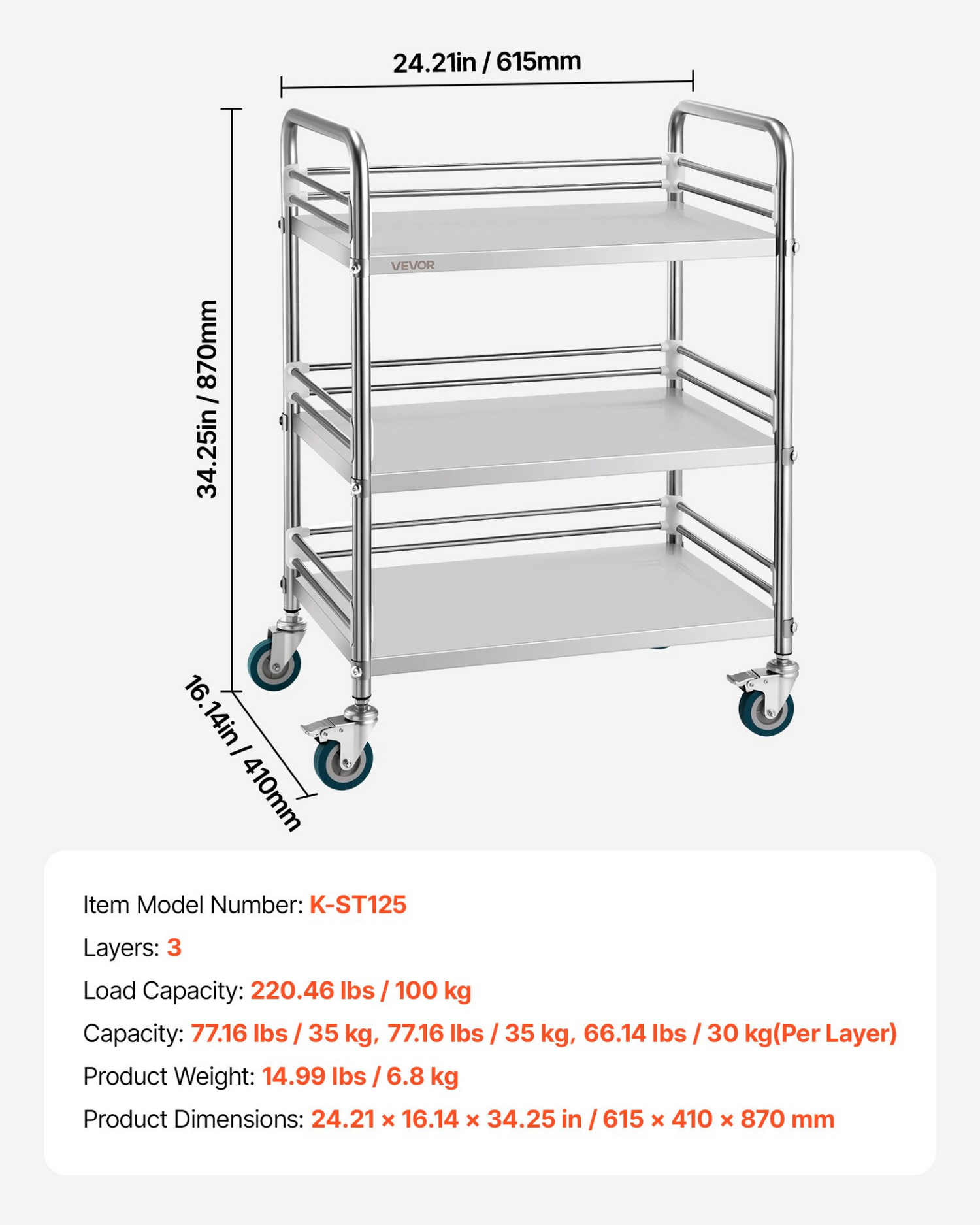 Start2Finish stainless steel 3-tier rolling lab utility cart with lockable wheels, ideal for medical, kitchen, or salon service use.