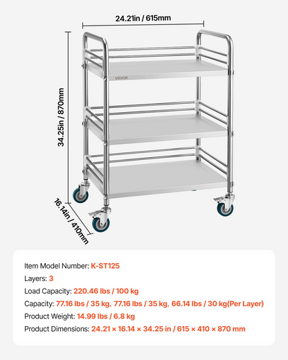 Start2Finish stainless steel 3-tier rolling lab utility cart with lockable wheels, ideal for medical, kitchen, or salon service use.