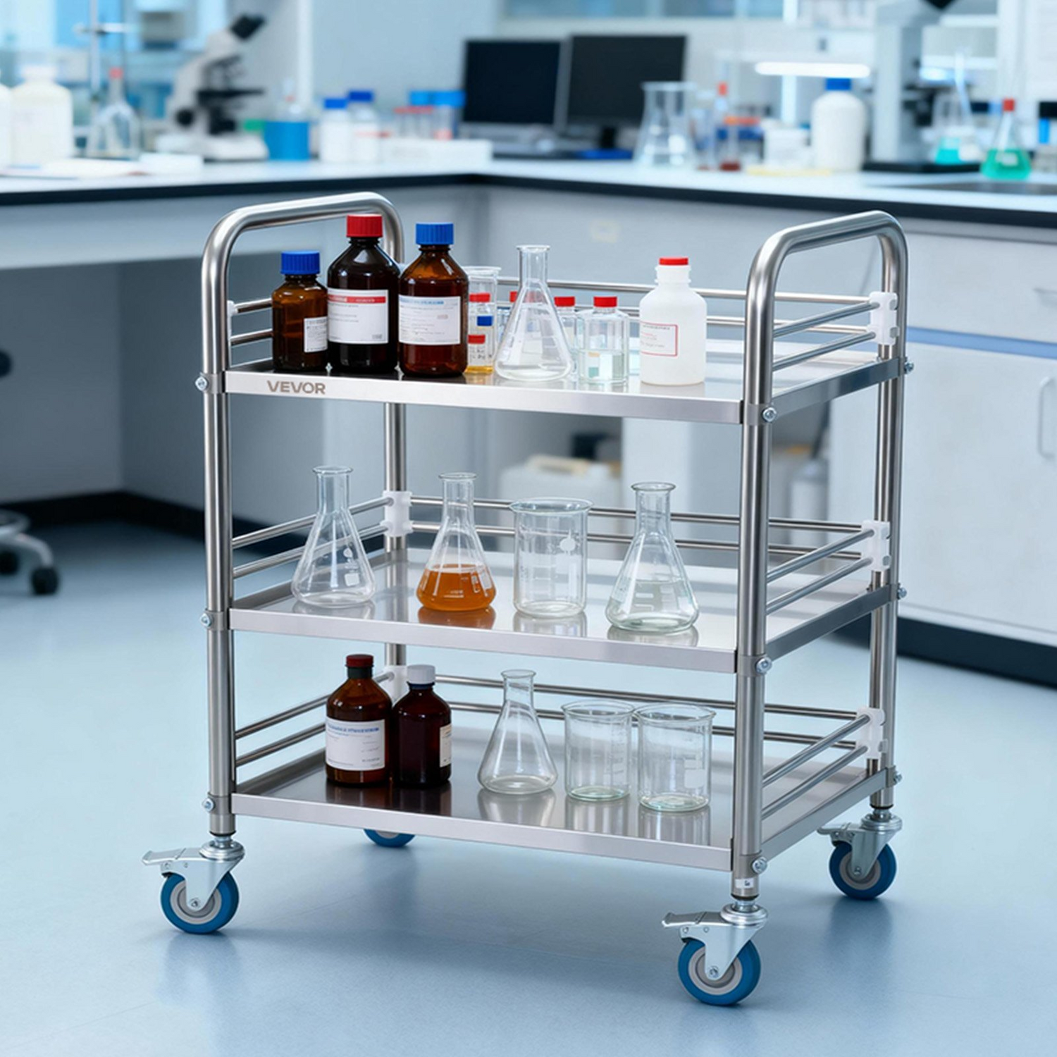 Start2Finish stainless steel 3-tier rolling lab cart with lockable wheels, ideal for medical, restaurant, or salon service storage.