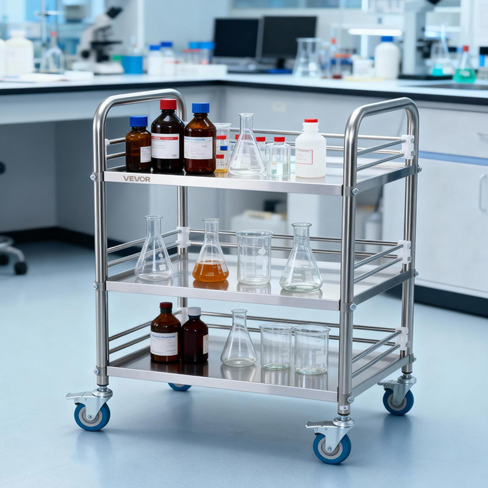 Start2Finish stainless steel 3-tier rolling lab cart with lockable wheels, ideal for medical, restaurant, or salon service storage.