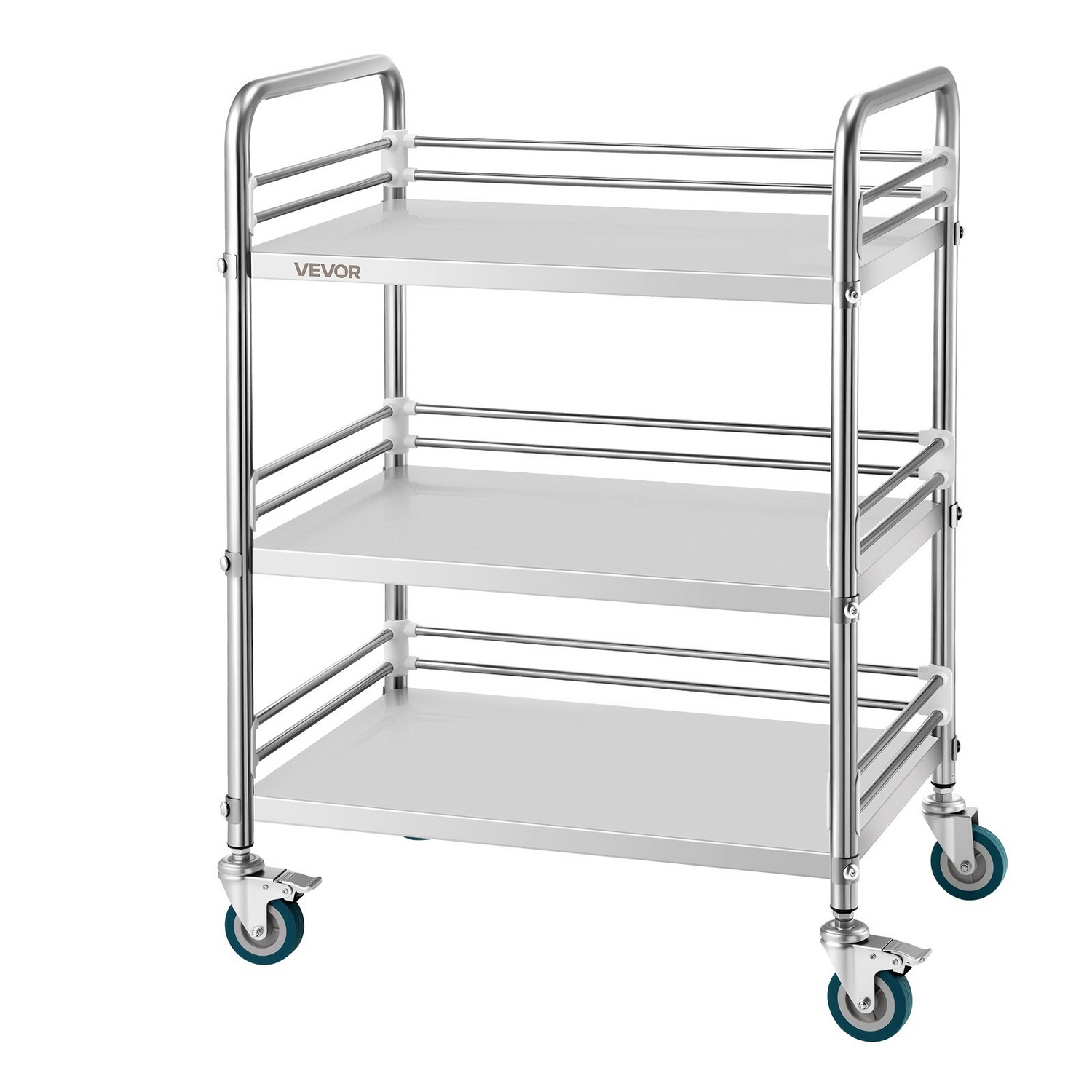 Start2Finish stainless steel 3-tier rolling utility cart with lockable wheels, used in hospitals, kitchens, and salons for serving and storage.