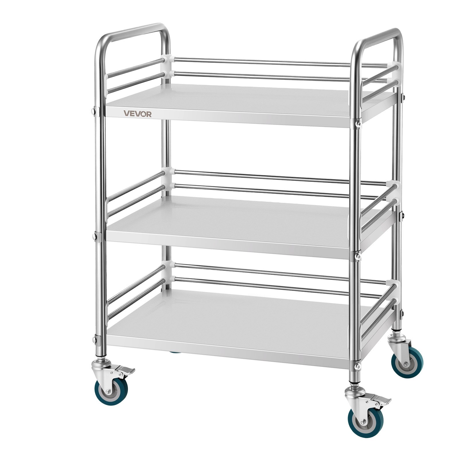 Start2Finish stainless steel 3-tier rolling utility cart with lockable wheels, used in hospitals, kitchens, and salons for serving and storage.