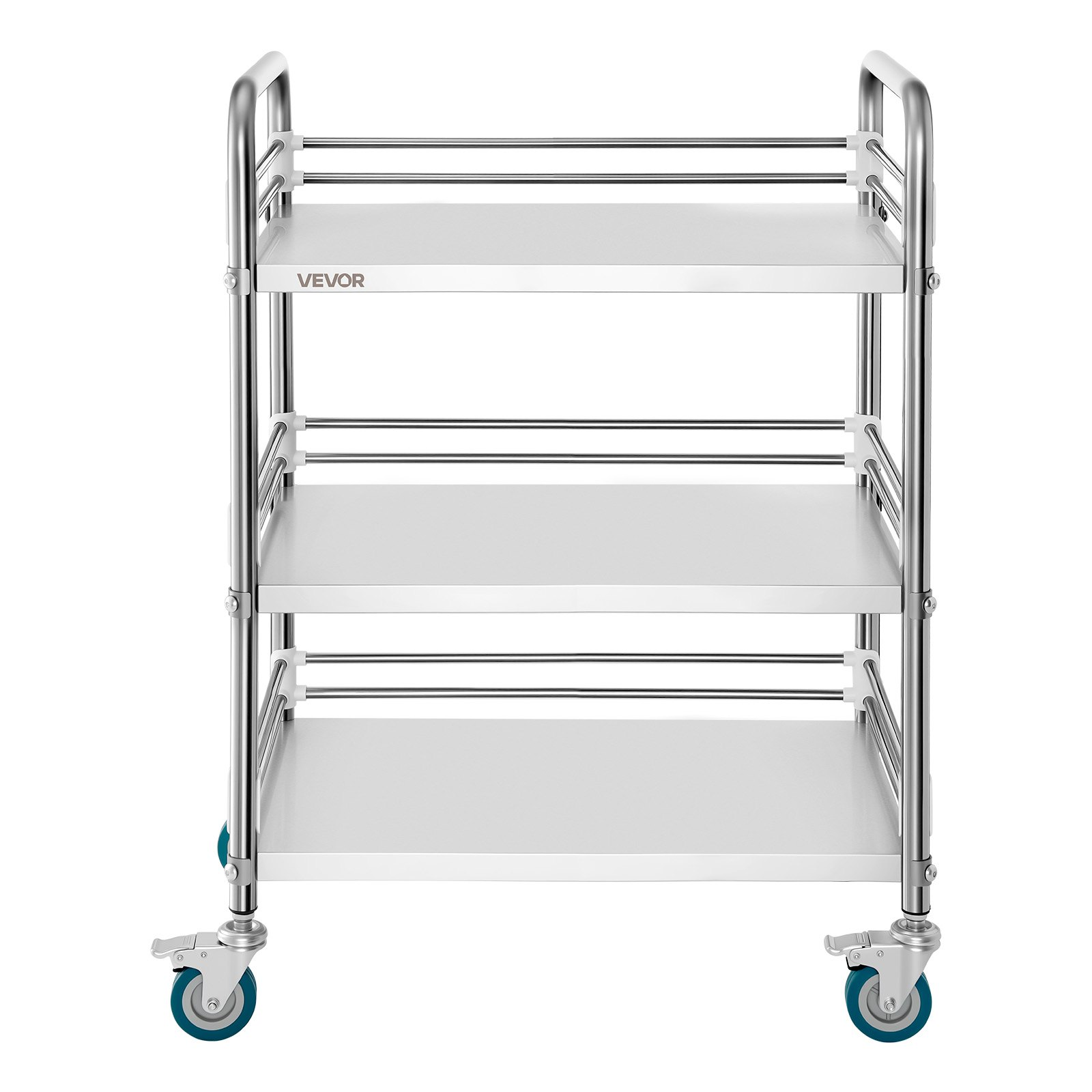 Start2Finish stainless steel 3-tier rolling lab cart with lockable wheels, ideal for medical, restaurant, or salon service use.