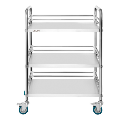 Start2Finish stainless steel 3-tier rolling lab cart with lockable wheels, ideal for medical, restaurant, or salon service use.