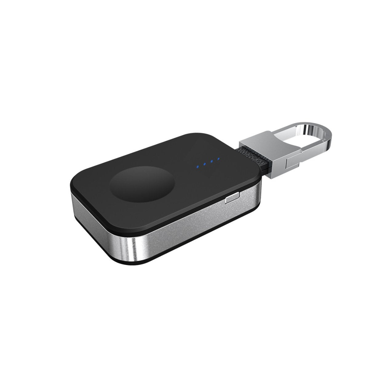 Salmon Lucky Apple Watch wireless charger power bank attached to key chain, compact tech accessory with charging port and LED indicator.