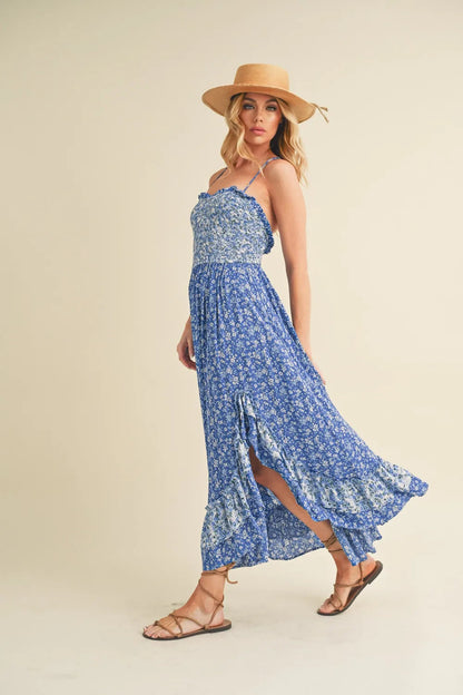 Pear Daisy Aemi + Co Ditsy Floral Ruffled Hem Maxi Cami Dress, lightweight summer dress with floral print and ruffled hem.