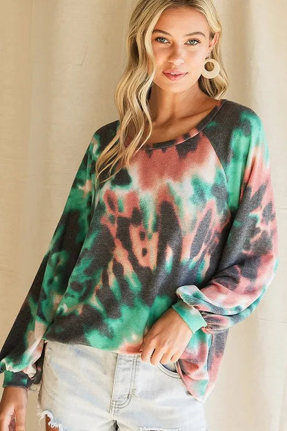 Carmine Juneberry BiBi tie-dye print terry top with puff sleeves, featuring vibrant colors and casual, comfortable design.