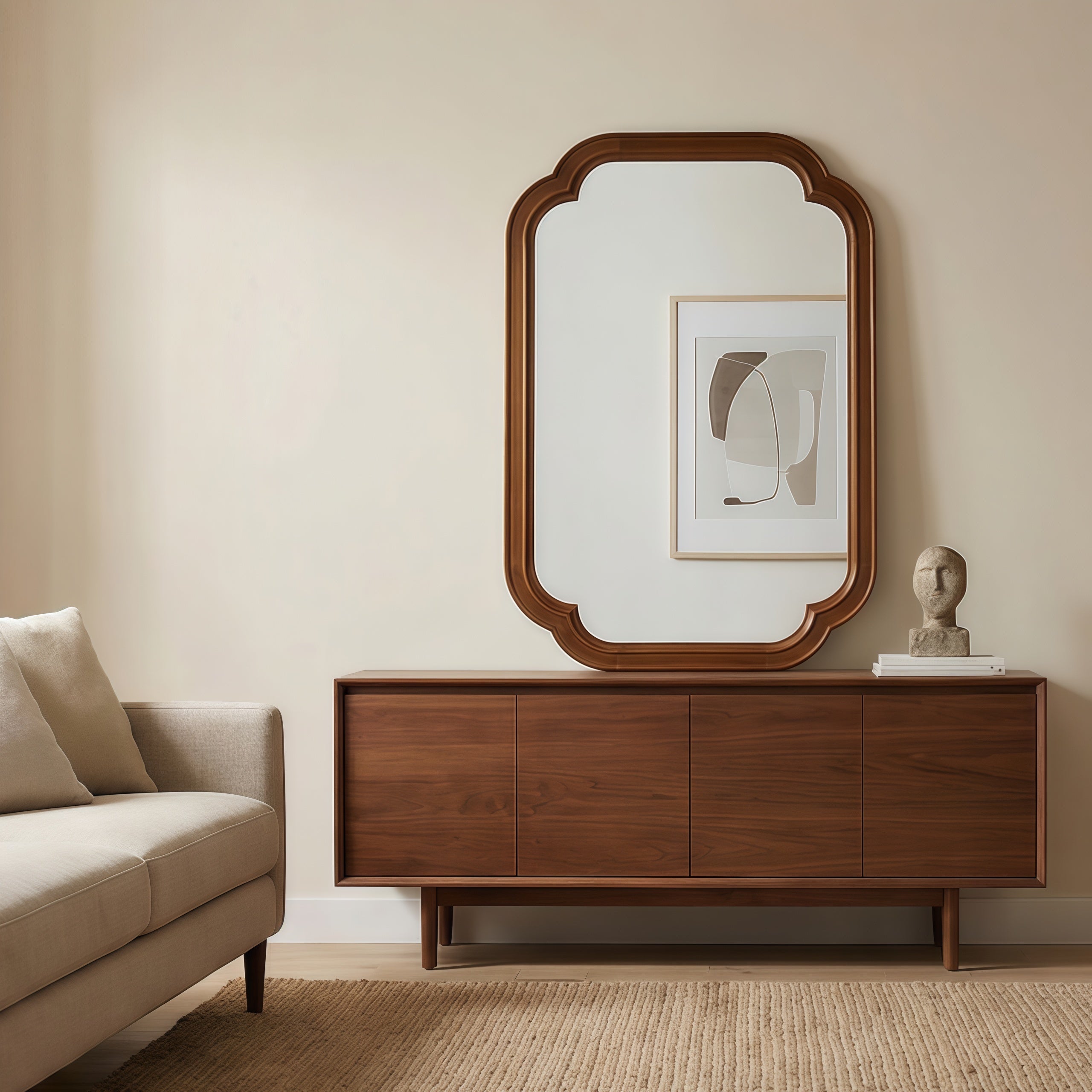Sangria Beech solid wood decorative mirror with rounded corners, ideal for bedroom furniture, featuring a stylish natural wood frame.