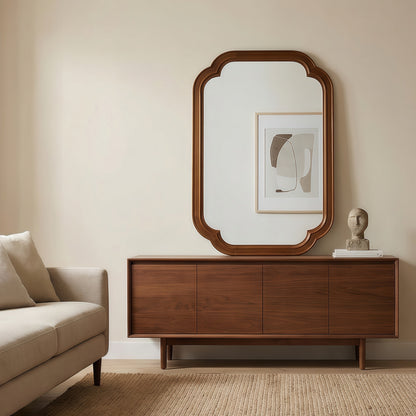 Sangria Beech solid wood decorative mirror with rounded corners, ideal for bedroom furniture, featuring a stylish natural wood frame.