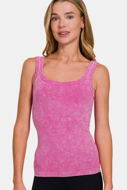 Jade Icarus Zenana Ribbed Scoop Neck Tank top with fitted ribbed fabric and scoop neckline, displayed in a natural pose.