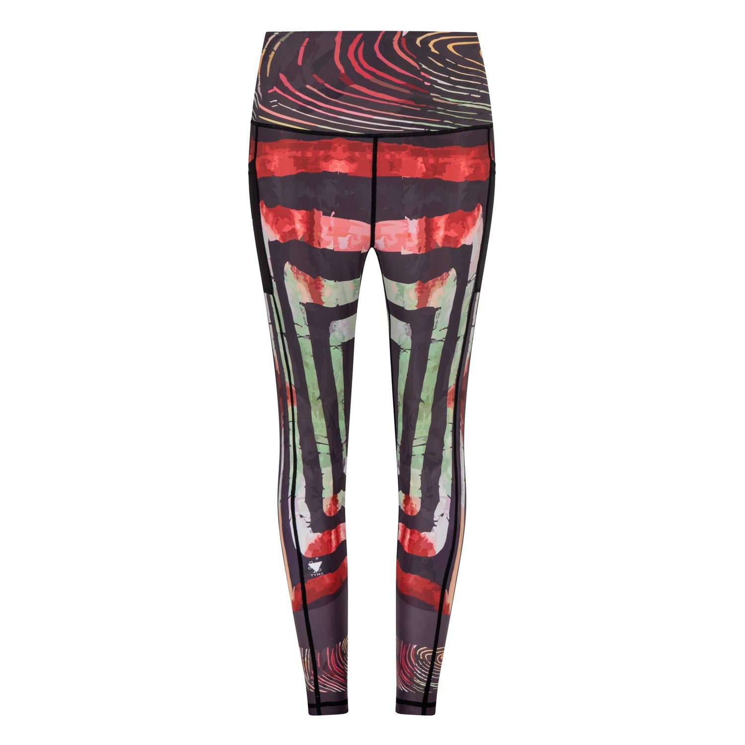 White Oliver Adyre on Brocade vibrant activewear leggings with side pocket, featuring colorful brocade pattern and comfortable fit.
