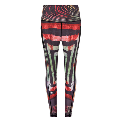 White Oliver Adyre on Brocade vibrant activewear leggings with side pocket, featuring colorful brocade pattern and comfortable fit.