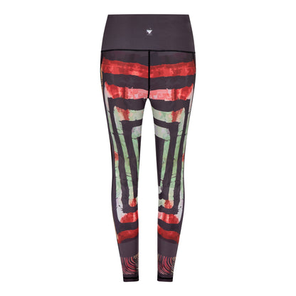 White Oliver Adyre vibrant brocade leggings with side pocket, featuring colorful pattern and comfortable activewear fit.