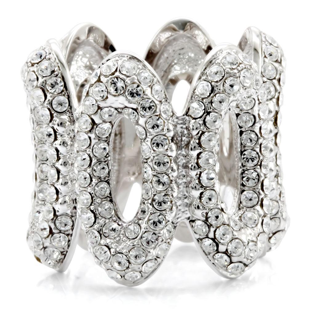 Turquoise Tiger rhodium brass ring featuring a clear top-grade crystal, showcasing a sleek, elegant jewelry design.