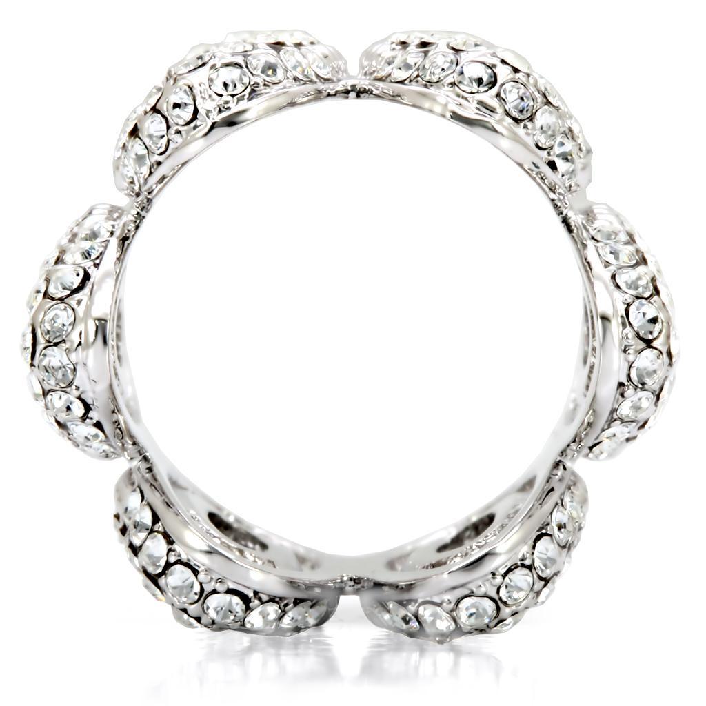 Turquoise Tiger rhodium brass ring with clear top grade crystal, showcasing a sleek band and sparkling gemstone.