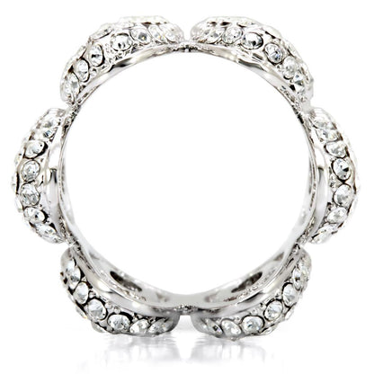 Turquoise Tiger rhodium brass ring with clear top grade crystal, showcasing a sleek band and sparkling gemstone.