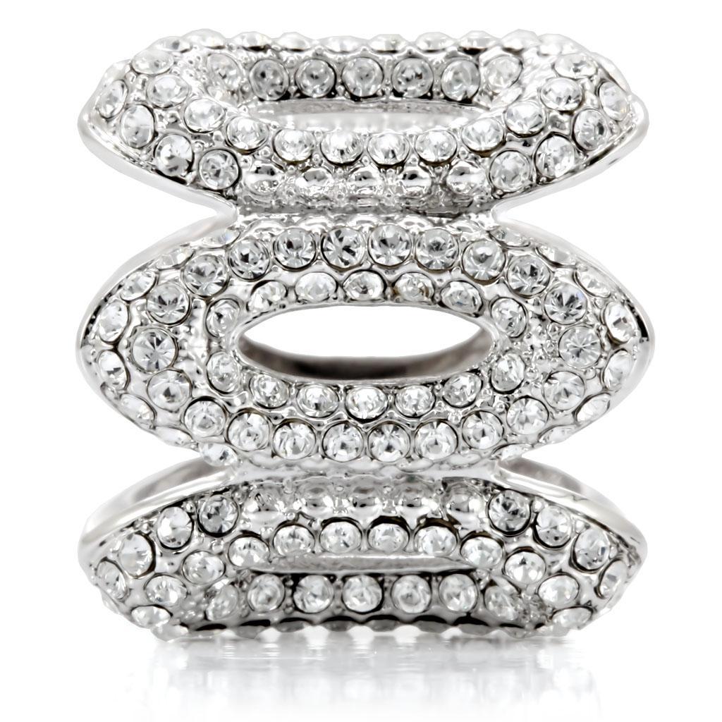 Rhodium brass ring with top grade clear crystal, featuring a sleek band and sparkling stone design by Turquoise Tiger.