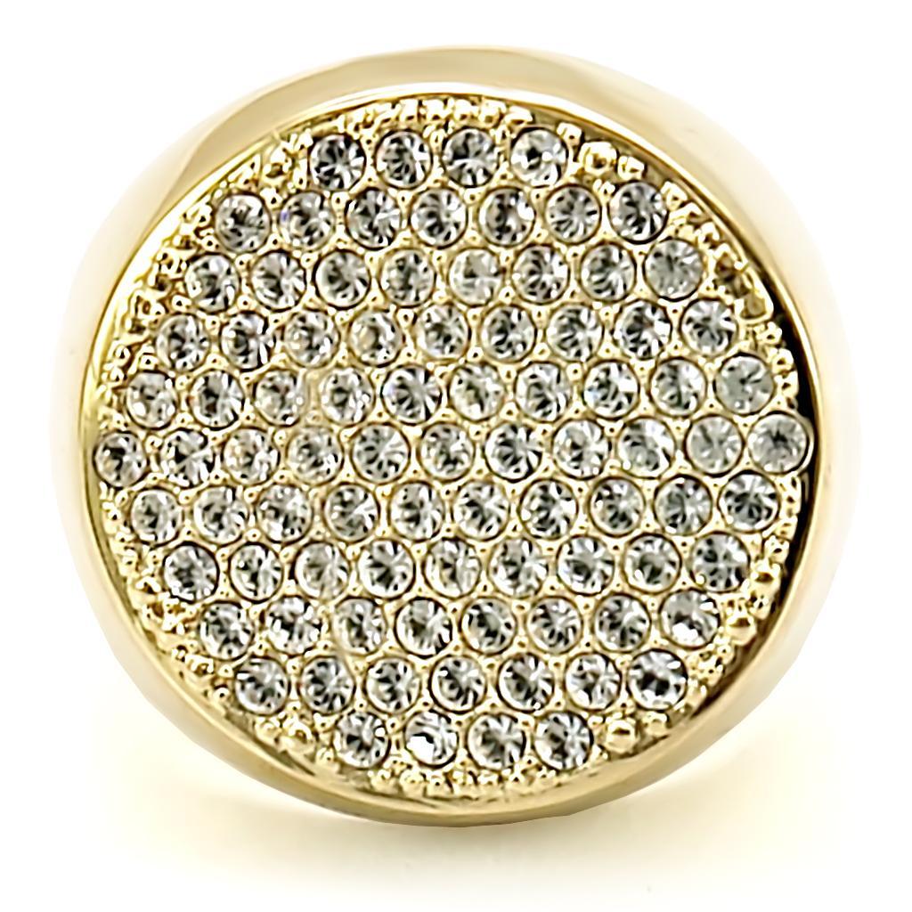 Gold brass ring with clear top grade crystal, stylish jewelry piece by Turquoise Tiger, close-up view of the ring&