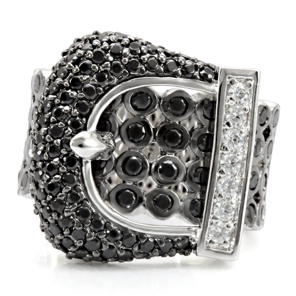Turquoise Tiger rhodium and ruthenium brass ring with black finish, featuring AAA grade cubic zirconia stones.