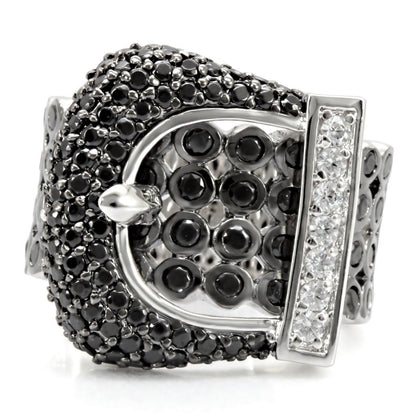 Turquoise Tiger rhodium and ruthenium brass ring with black finish, featuring AAA grade cubic zirconia stones.