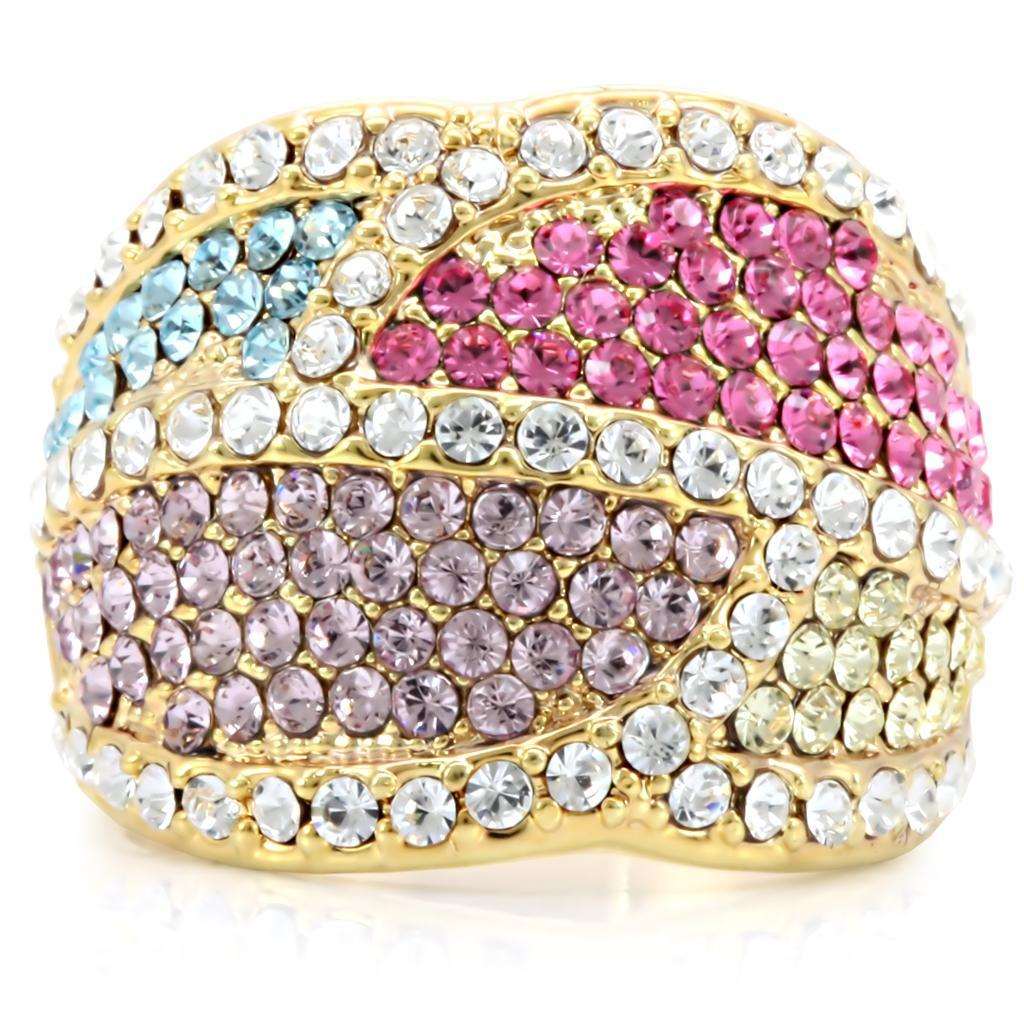 Gold brass ring with multi-color top-grade crystal, jewelry by Turquoise Tiger, featuring a stylish and vibrant design.