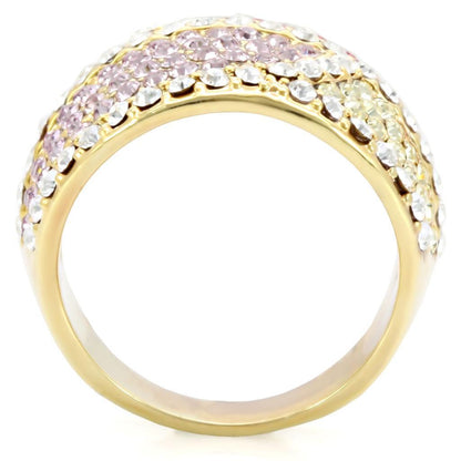 Gold brass ring with multi-color top grade crystal, jewelry by Turquoise Tiger, showcasing intricate design and vibrant gemstone details.