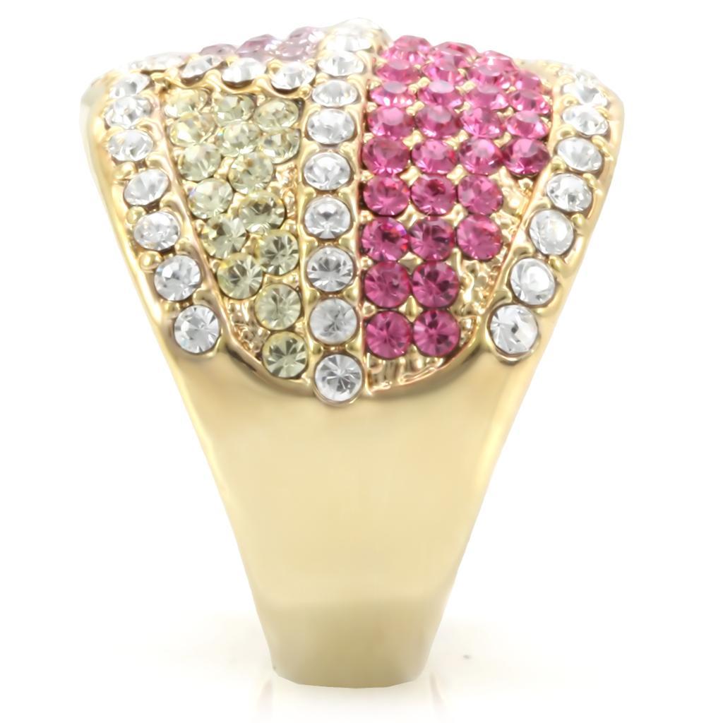 Gold brass ring with multicolor top-grade crystal, turquoise tiger jewelry featuring vibrant, sparkling gemstone details.