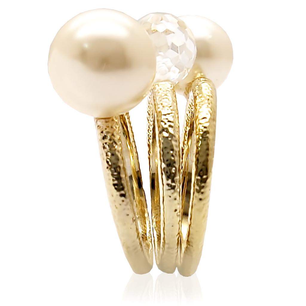 Gold brass ring with synthetic pearl in citrine yellow by Turquoise Tiger, showcasing elegant jewelry design.